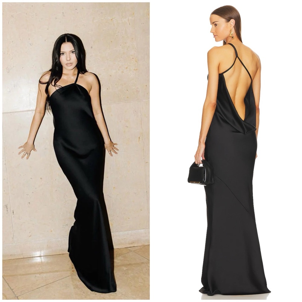 Norma Kamali One Shoulder Bias Gown Maxi Dress Draped Back Satin Black Sz M - Picture 2 of 10